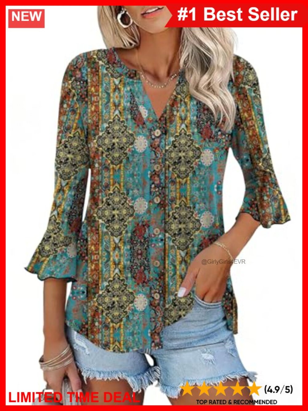 Ruffle Bell Sleeve Button Down V-Neck Tunic Blouse